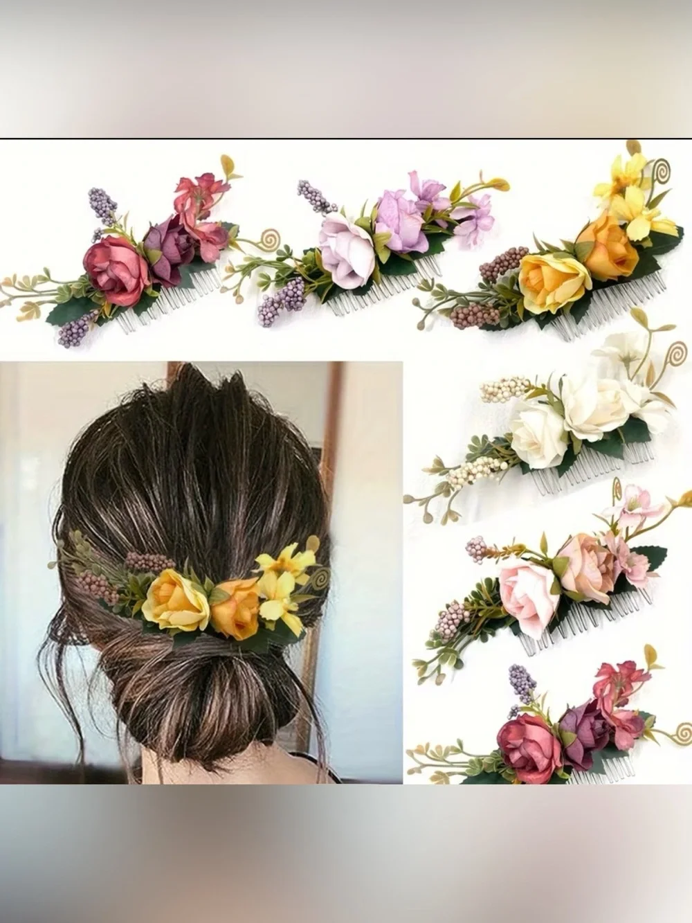 Cream Floral Hair Comb with Green Leaves